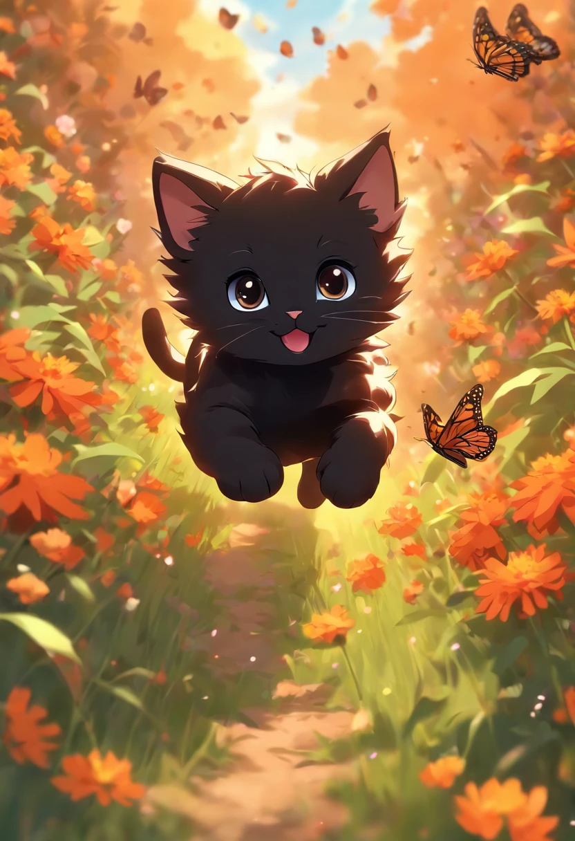 a cute vector of a black kitten chasing a monarch butterfly through a flowery field, anime style, M Jenni style, digital illustration, approaching perfection, highly detailed, smooth, sharp focus, illustration, 4k resolution