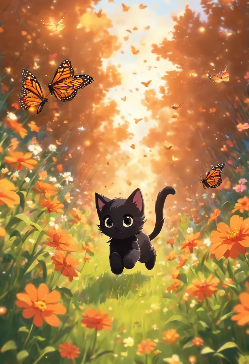 a cute vector of a black kitten chasing a monarch butterfly through a flowery field, anime style, M Jenni style, digital illustration, approaching perfection, highly detailed, smooth, sharp focus, illustration, 4k resolution