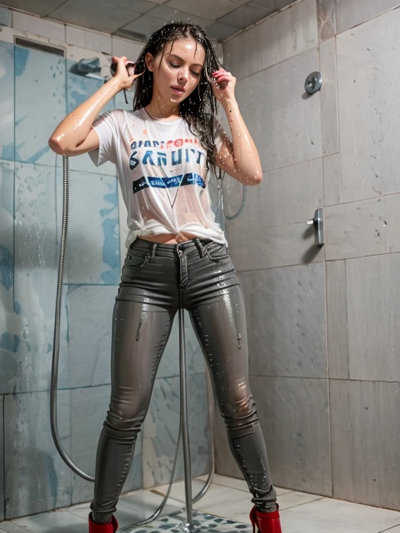 woman standing in shower, t-shirt with rock band logo, ((gray acid wash jeans)), ((red high heel pumps)), long very curly 80's brunette hair, blue eyes, soaking wet, SoakingWetClothes, water pouring through clothes, standing under shower head, ((wet hair))