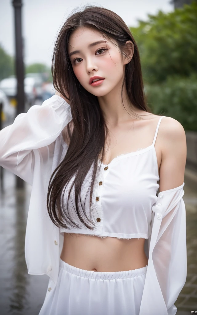 The highest image quality， tmasterpiece， 超A high resolution， （fidelity：1.4）， Photore， 1 rapariga，white t-shirts， The dim，rainy evening，  pitying， cute little， Cinematic Light，  exposed bare shoulders， Real rain， Wet hair、Brown semi-long hair、Model body type、Slimed、A slender、realistic skin textures