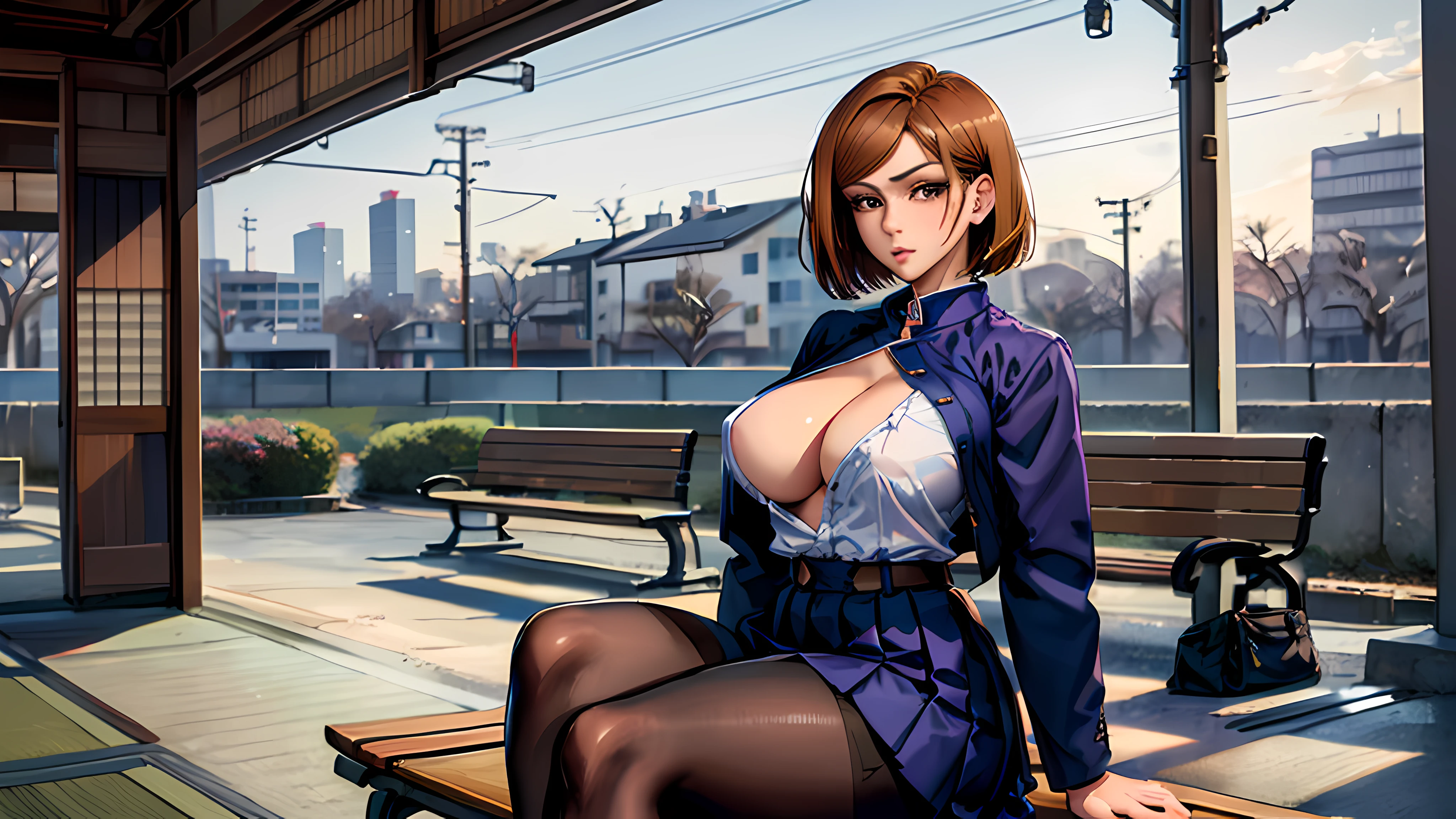 (masterpiece, best quality, ultra detailed, absurdres)1.5, 1girl, (sexy, beautiful woman, perfect face, perfect eyes, perfect female body, huge breasts)1.5, (nobara kugisaki, bob cut, brown hair, lips, short hair, belt, brown belt, brown pantyhose, crop top, crop top overhang, JUJUTSU TECH UNIFORM, jacket, gakuran, pantyhose, pleated skirt, shirt tucked in, skirt, blue skirt, blue crop top, loafers, ), (sitting, bench, Japanese train station, Japanese city in background, shopping bag), perfect lighting, smooth, hdr