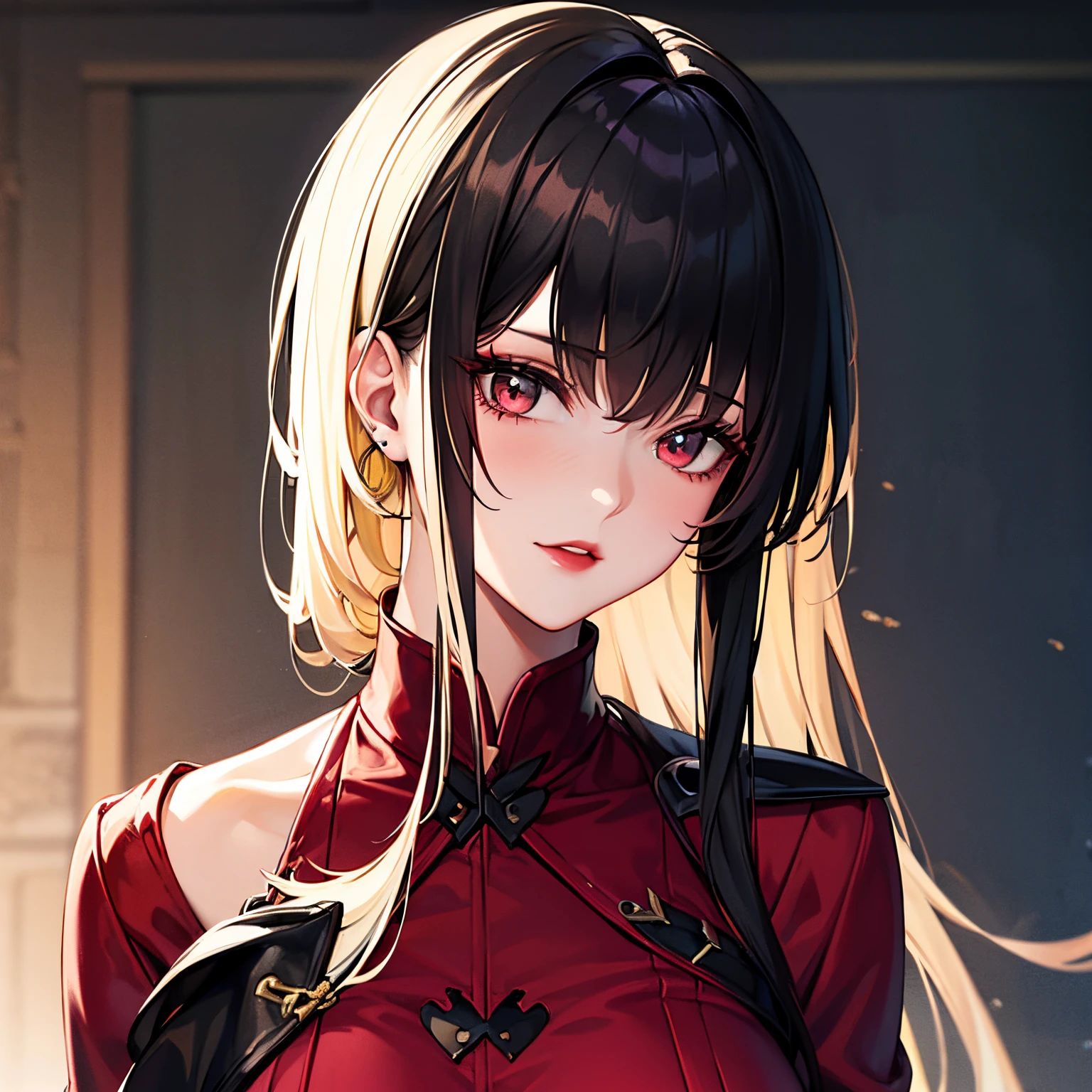 Woman, Shoulder-length black hair with styling back, blonde Front Strands, dark red suit, scarlet lipstick
