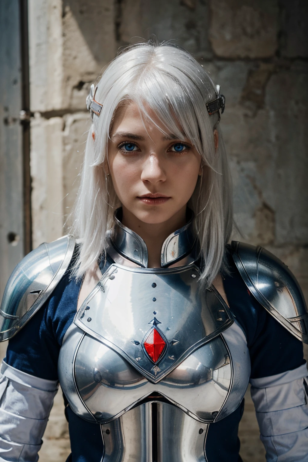 Femal warrior white hair,silver armor light reflect and red and blue line ,blue eye,equip sword and shield