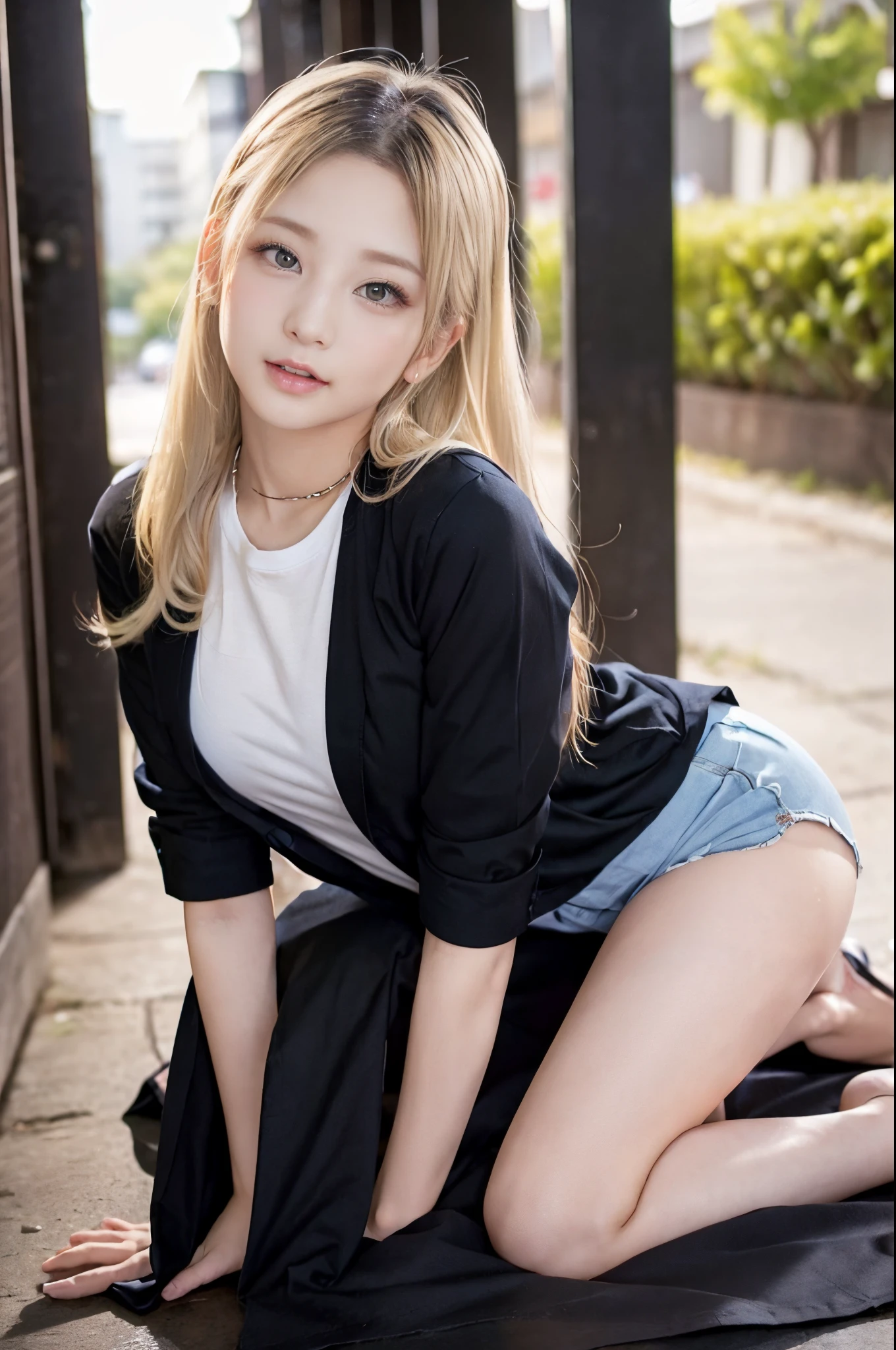 Sexy and very beautiful cute face、shiny beautiful skin、White beautiful skin、Beautiful pale light blue eyes, Beautiful very long blonde hair、(blondehair:1.3)、Lots of sexy bangs、18 years old cute little face beautiful girl、Thick long T-shirt、(Thick black long shirt:1.2)、casual pants、(dynamicposes:1.2)、Street、(natta:1.3)