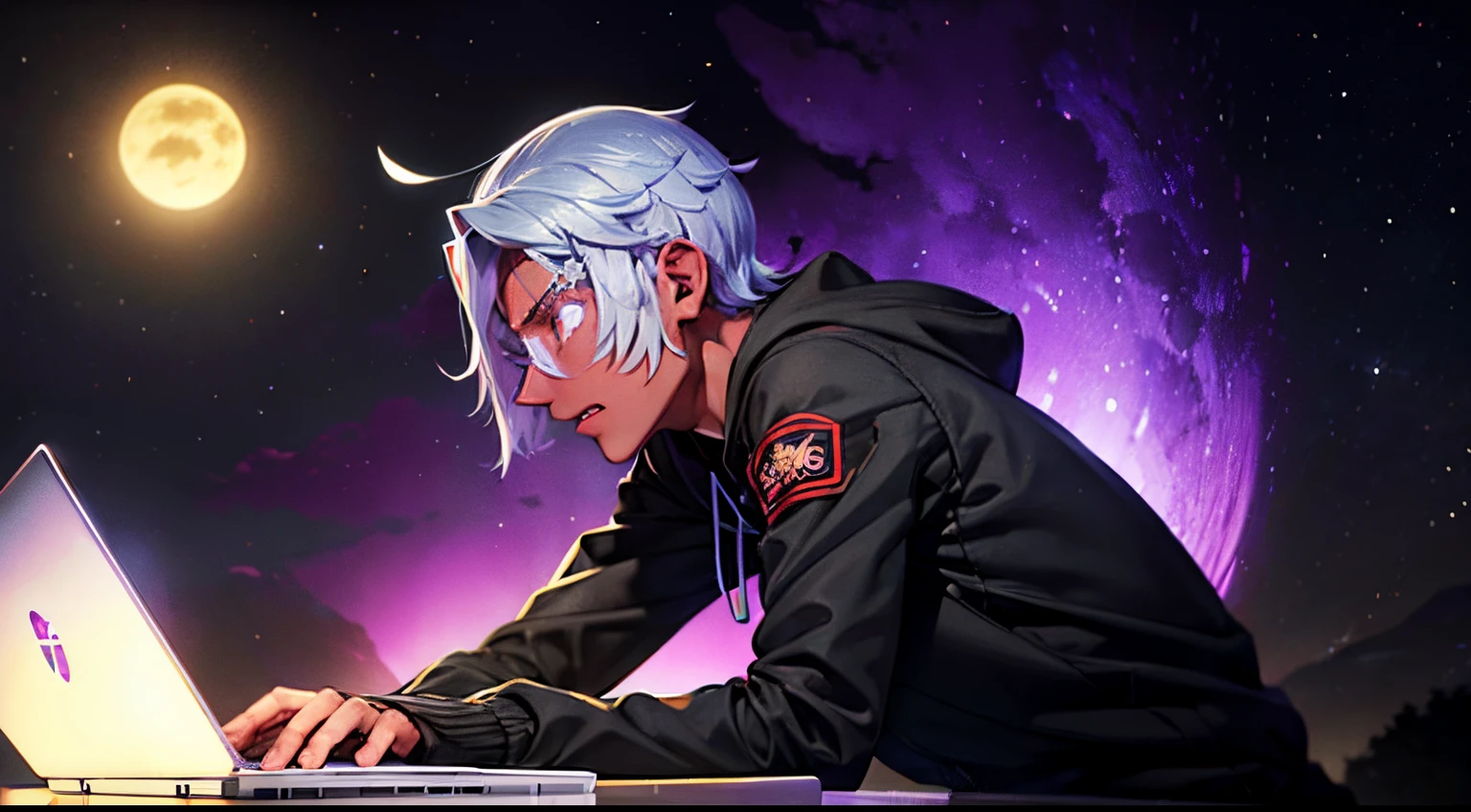 Noite,terror, Noah mexendo no laptop,Perfil,corpo metade,sentado em uma cadeira,capuz e moletom,Lua e estrelas fora da janela, Terror, Medo, fantasmas ao redor, saturation, sombra