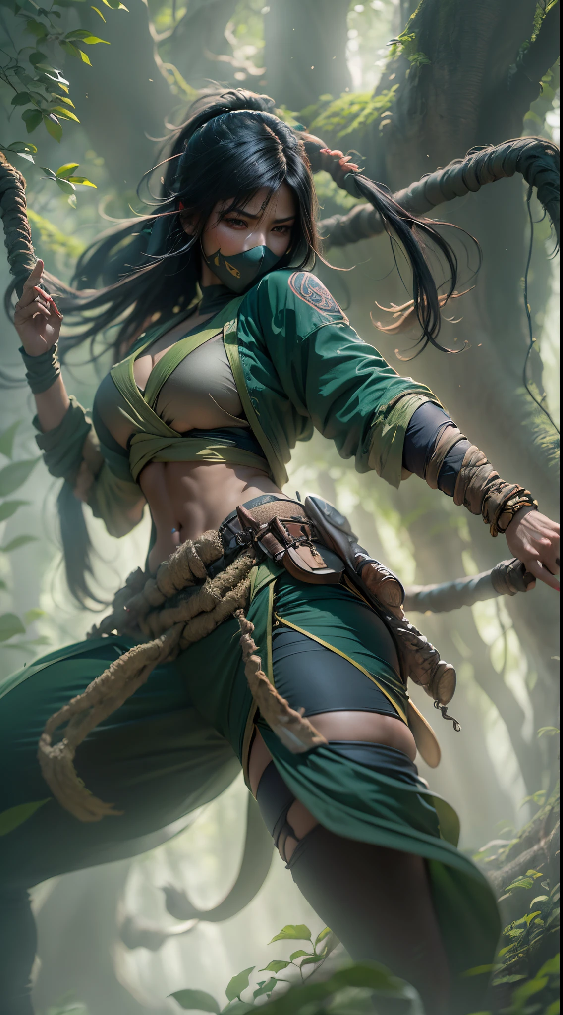 Akali, in the midst of a dense, mystical fog-filled forest, her figure barely visible, creating an air of suspense and danger. The fog plays with the shadows of her ninja outfit, revealing glimpses of her intensity. The environment is rich with ancient trees and hidden paths