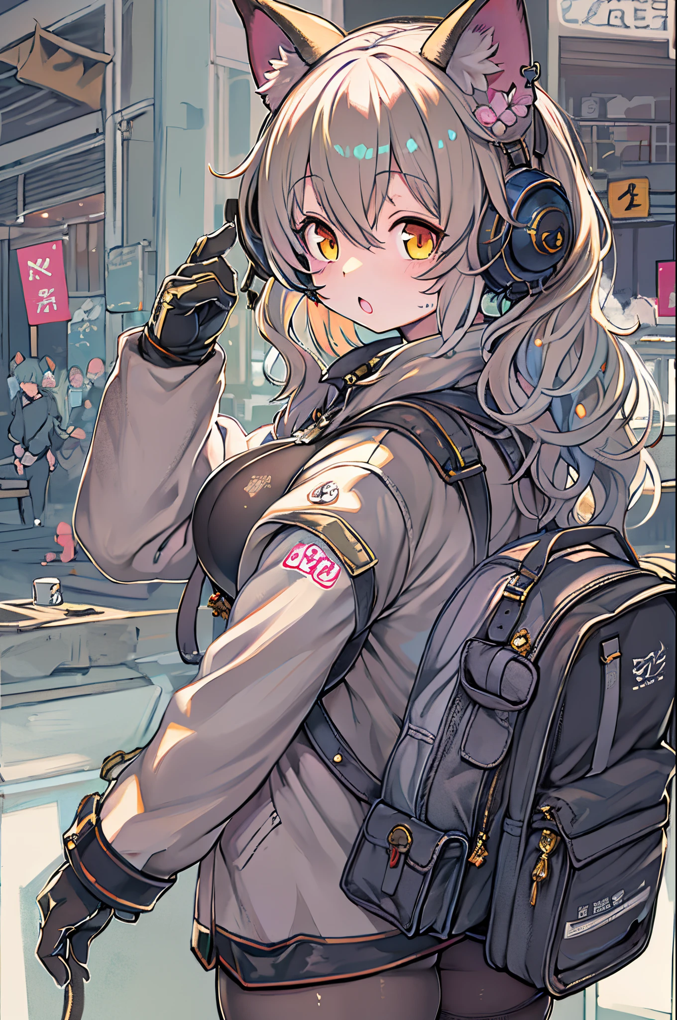 Anime character standing in front of a table with cat ears and a backpack, Kantai Collection Style, girls frontline style, from girls frontline, Trending on ArtStation pixiv, guweiz on pixiv artstation, guweiz on artstation pixiv, High quality anime art style, anime moe art style, cushart kenz, anime full body illustration、Wearing headphones