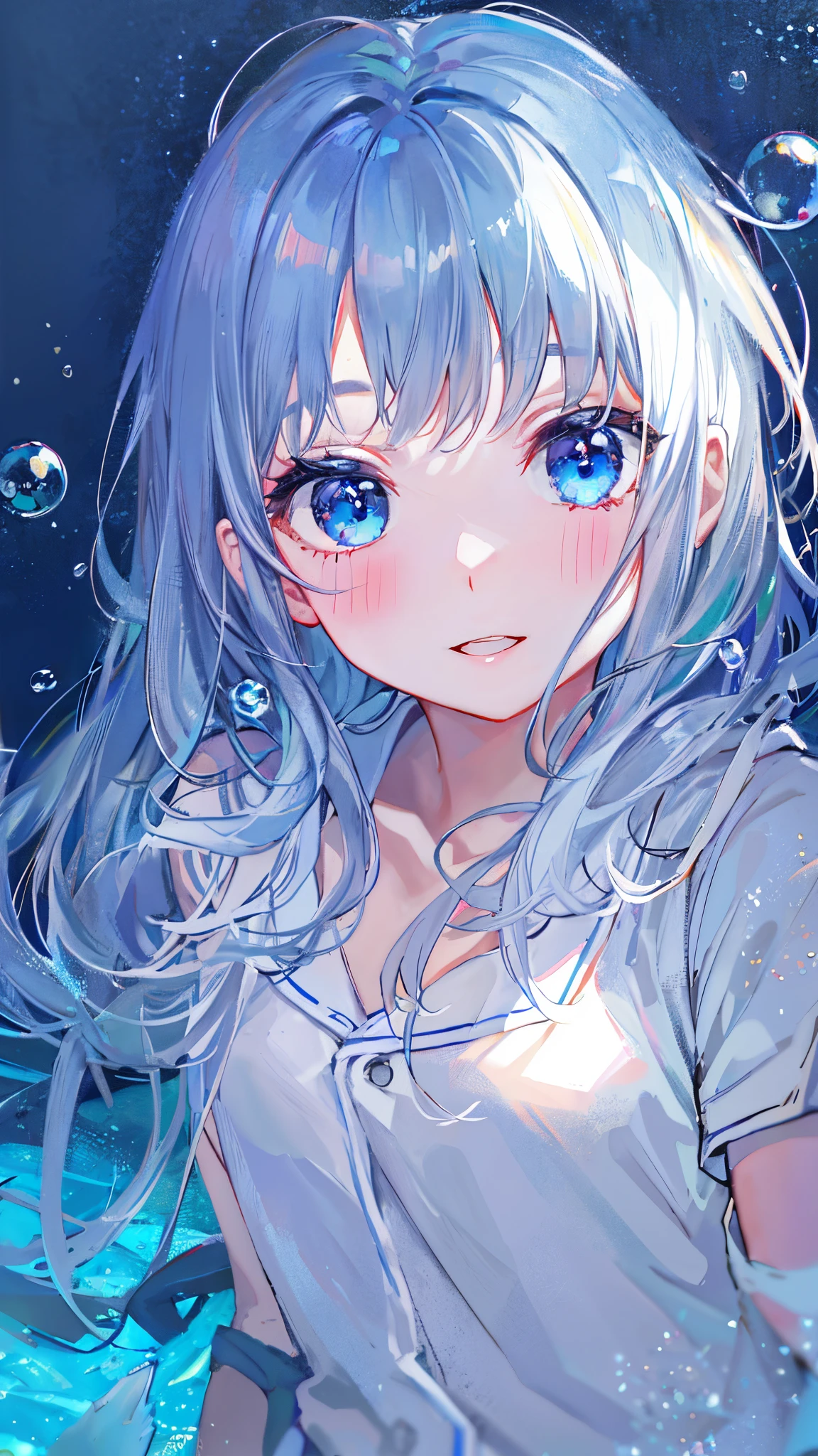 ((top-quality)), ((masterpiece)), ((ultra-detailliert)), (Extremely delicate and beautiful), girl with, 独奏, cold attitude,((Black jacket)),She is very(relax)with the(Settled down)Looks,depth of fields,Evil smile,Bubble, under the water, Air bubble,Underwater world bright light blue eyes,inner color with bright gray hair and light blue tips,,,,,,,,,,,Cold background,Bob Hair - Linear Art, shortpants、knee high socks、White uniform like school uniform、Light blue ribbon ties、Clothes are sheer、Hands in pockets、Bright eyes like sapphire,Fronllesse Blue, A small blue light was floating、fantastic eyes、Angle of view when taking selfies
