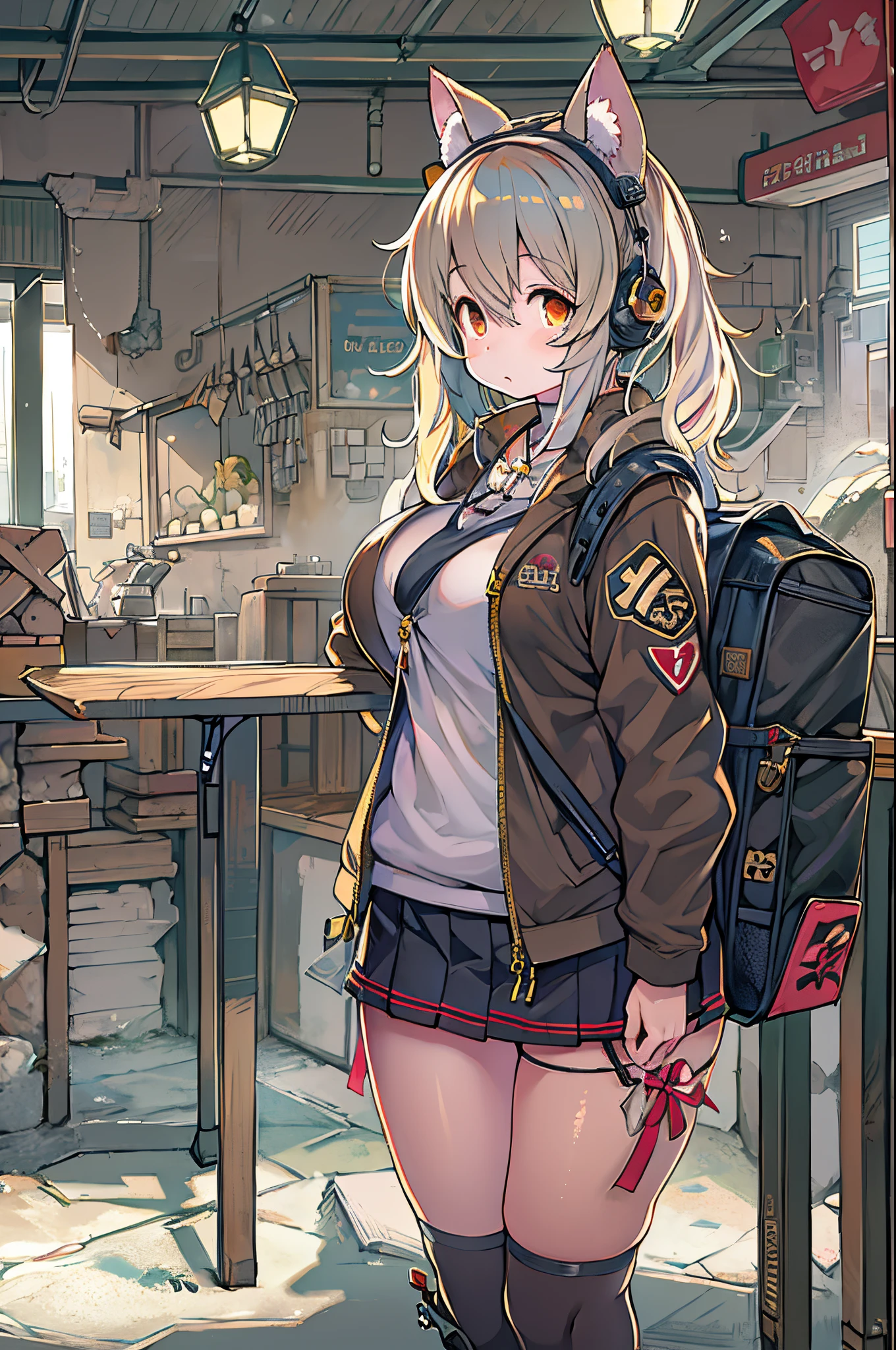 Anime girl with a backpack and cat ears standing in a room - SeaArt AI