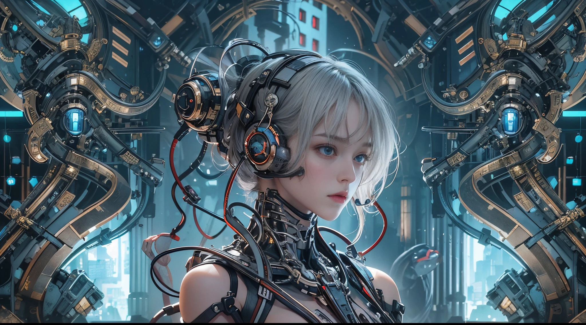 top-quality, tmasterpiece, 超高分辨率, ((realistically: 1.4), RAW photos, 1 Cyberpunk Girl, Glowing and radiant skin, 1 mechanical girl, (Surreal detailed)), Mechanical limb, Tubes connected to mechanical parts, Mechanical vertebrae attached to the spine, Cervical spine mechanical fixation in the neck, wires and cables connecting to head, Shin Evangelion, Fantasma na Concha, Small glowing LED lamp, globalillumination, Depth shadows, Octagonal rendering, 8K, Super sharp, metals, Intricate decorative details, Baroque details, very complex details, True ray tracing, CGSoation trend, facing at the camera, neon light detail, (Android factory runs in the background), H'Artistically.r. Giger and Alphonse Mucha.