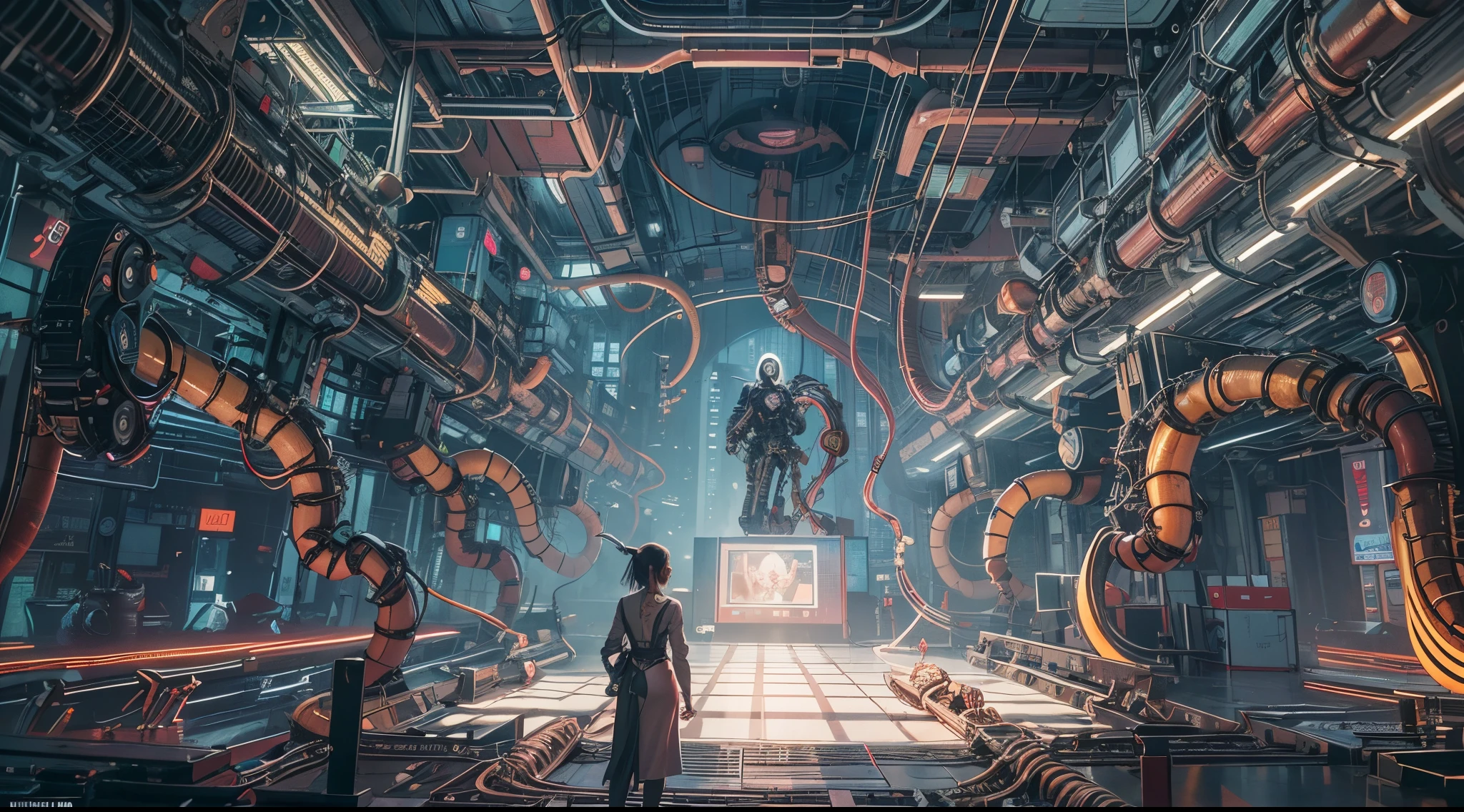 top-quality, tmasterpiece, 超高分辨率, ((realistically: 1.4), RAW photos, 1 Cyberpunk Girl, Glowing and radiant skin, 1 mechanical girl, (Surreal detailed)), Mechanical limb, Tubes connected to mechanical parts, Mechanical vertebrae attached to the spine, Cervical spine mechanical fixation in the neck, wires and cables connecting to head, Shin Evangelion, Fantasma na Concha, Small glowing LED lamp, globalillumination, Depth shadows, Octagonal rendering, 8K, Super sharp, metals, Intricate decorative details, Baroque details, very complex details, True ray tracing, CGSoation trend, facing at the camera, neon light detail, (Android factory runs in the background), H'Artistically.r. Giger and Alphonse Mucha.