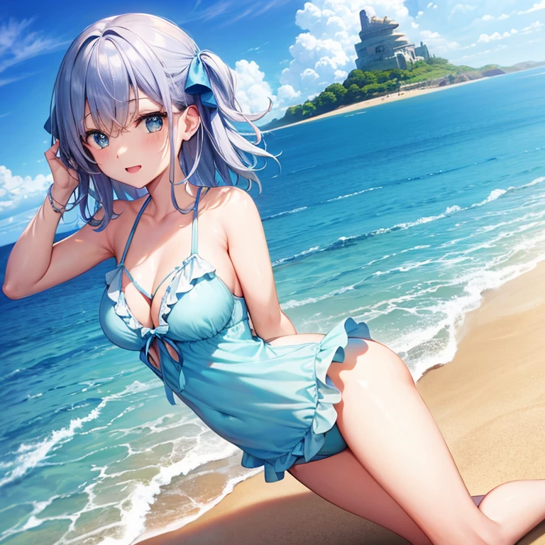 (Sky Blue Medium Hair),(Braided Hair)、Pink Eyes、Fair skin、(whole body)、(One Girl)、Black ruffled swimsuit、Shining white sand beach in midsummer、Okinawa&#39;Ocean、Big smile、、(masterpiece、Highest quality、Very detailed、Best Shadow)、(Detailed Background)、(Beautifully detailed face)、High Contrast、(Best lighting、Very delicate and beautiful)、((Cinematic Light))、colorful、Hyper Detail、Dramatic Light、Exquisite detail、