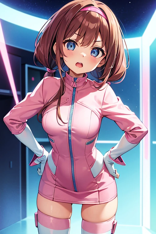 (leaning forward, 1 girl, looking at viewer, from front, facing straight at viewer, glaring, index finger pointing, hand on hips, pink and light blue and white clothes, futuristic space suit, inside punishment room), focus face and finger, shiny slim fit simple suit, shiny slim fit pencil skirt, white gloves, high neck clothes, hide the neck, drooping eyes, head tilt, masterpiece, best quality, an extremely cute girl, brown hair, open mouth, pink hair band, pony tail