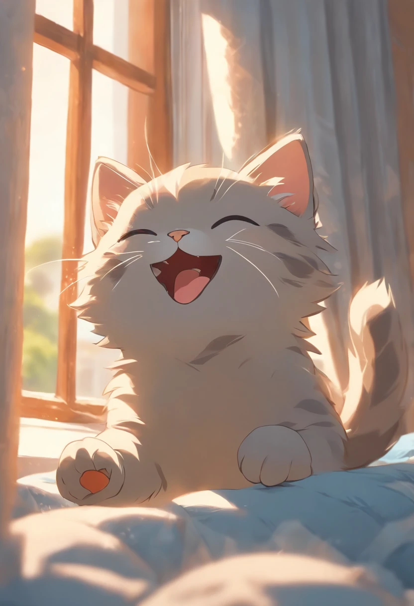 a cute vector of a gray kitten stretching paws out in a yawn on top of a blue pillow along a window pane. anime style, M Jenni style, digital illustration, approaching perfection, highly detailed, smooth, sharp focus, illustration, 4k resolution