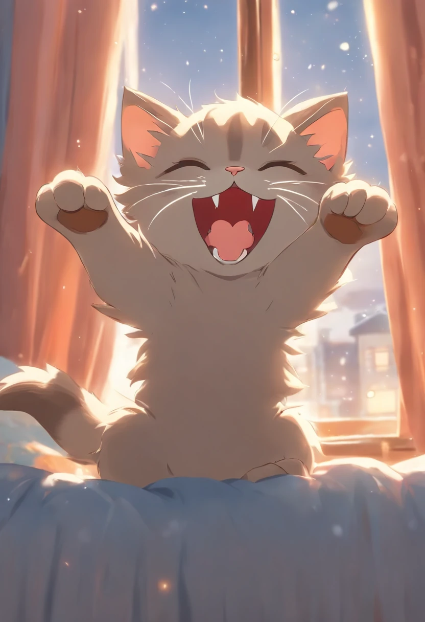a cute vector of a gray kitten stretching  paws out in a yawn on top of a blue pillow along a window pane. anime style, M Jenni style, digital illustration, approaching perfection, highly detailed, smooth, sharp focus, illustration, 4k resolution