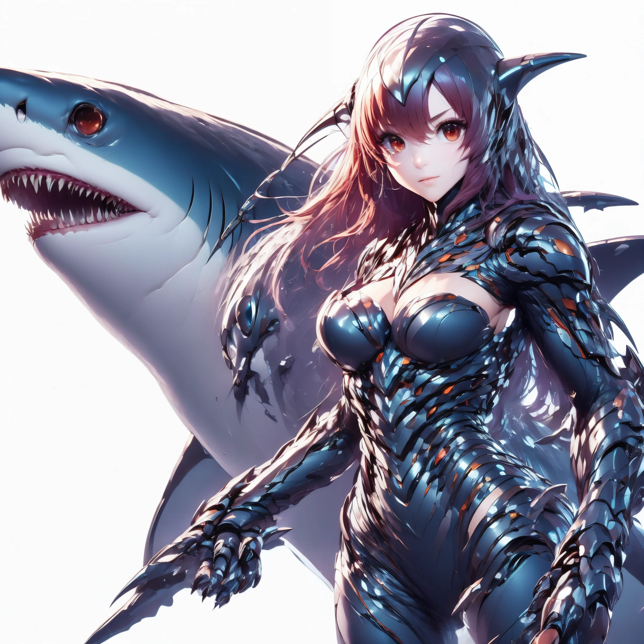 A girl who fuses with a shark. she is a beautiful girl. She is a kaiju element. Her hands become weapons. armored body.