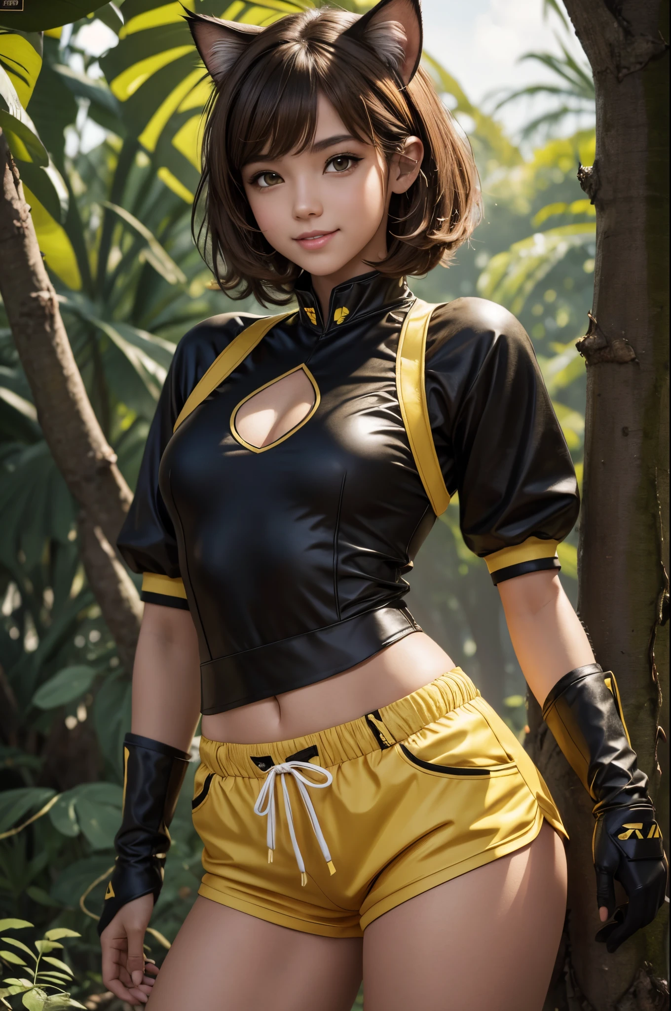 8k,Small-breasted cat girl in black and yellow costume posing for a photo, small breasted cat girl, Attractive with bright brown hair and short permed hair, Fantasyart, little cat girl, wojtek fus, small black and yellow chest armor, chiquita, Trending on CGSTATION,in woods,a smile,Light brown permed short hair,Black and yellow shorts,enticing,超A high resolution,real looking skin,have cat eyes,