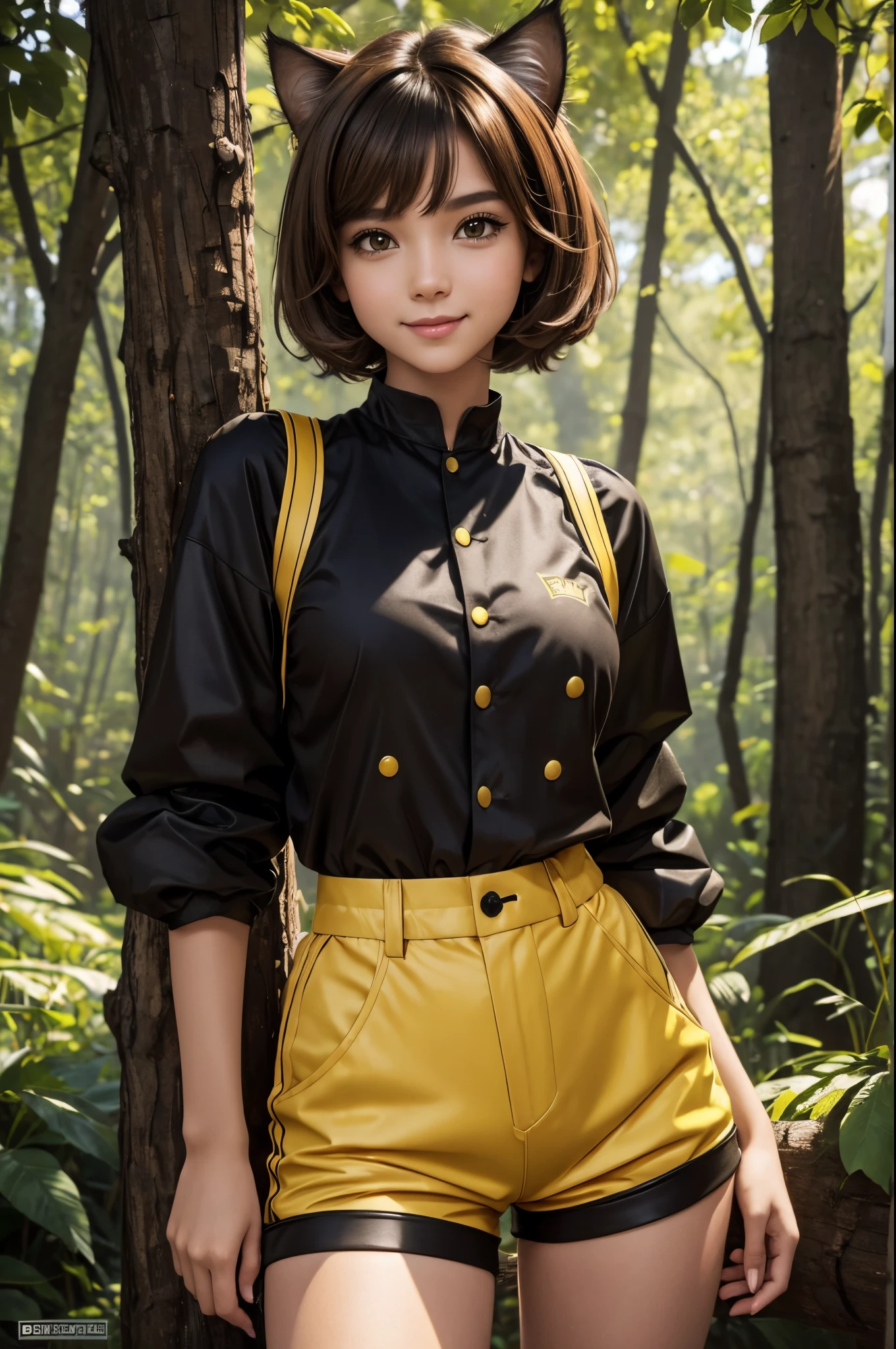 8k,Small-breasted cat girl in black and yellow costume posing for a photo, small breasted cat girl, Attractive little girl with bright brown hair and short permed hair, Fantasyart, little cat girl, wojtek fus, small black and yellow chest armor, chiquita, Trending on CGSTATION,in woods,a smile,Light brown permed short hair,Black and yellow shorts,enticing,超A high resolution,real looking skin,have cat eyes,