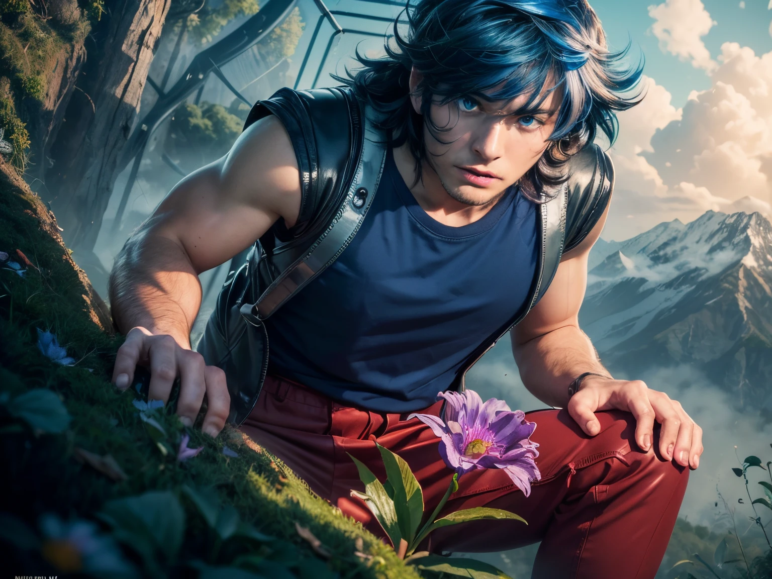 (masterpiece), (realistic), close up, (male) of 20 years old, Japanese (1boy), solo, slightly low view, in one knee, ((handsome man), ((strong face)), ((surprised face)), ((pretty big blue eyes)), ((perfect blue eyes)), short messy blue hair, ((bangs)), hair blowing in the air, (((beardless))), masculine blue t-shirt, red pants, leather straps, ((metallic Chrome box on his back)), looking a purple flower in the ground stem and green leaves), looking the flower, mountains surrounded by mists background, cinematic lighting.
