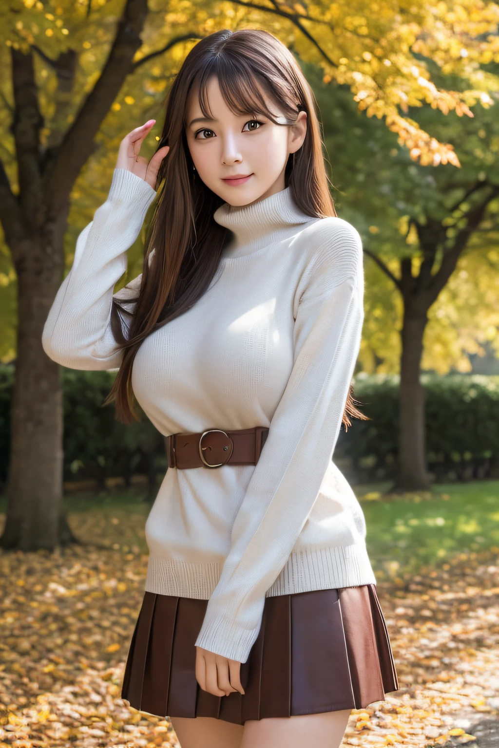 masutepiece、Best Quality、 ultra-detailliert、hight resolution、8K Wallpapers、Perfect dynamic composition,、Beautiful detailed eyes、(Beautiful Large Breasts:1.4)、masutepiece,Best Quality,Ultra-detailed,finely detail,hight resolution,in 8K,((Photorealsitic:1.4,Raw photography,超A high resolution,Top image quality:1.4)),Cute Girl、、17age、A slender、a small face、Big eyes、ssmile、Brown hair、The long-haired、straight haired、Light brown long-sleeved knit with small turtleneck、Compact shoulder bag、The belt of the bag passes through the chest、long red skirt、Tree-lined avenue of autumn leaves、