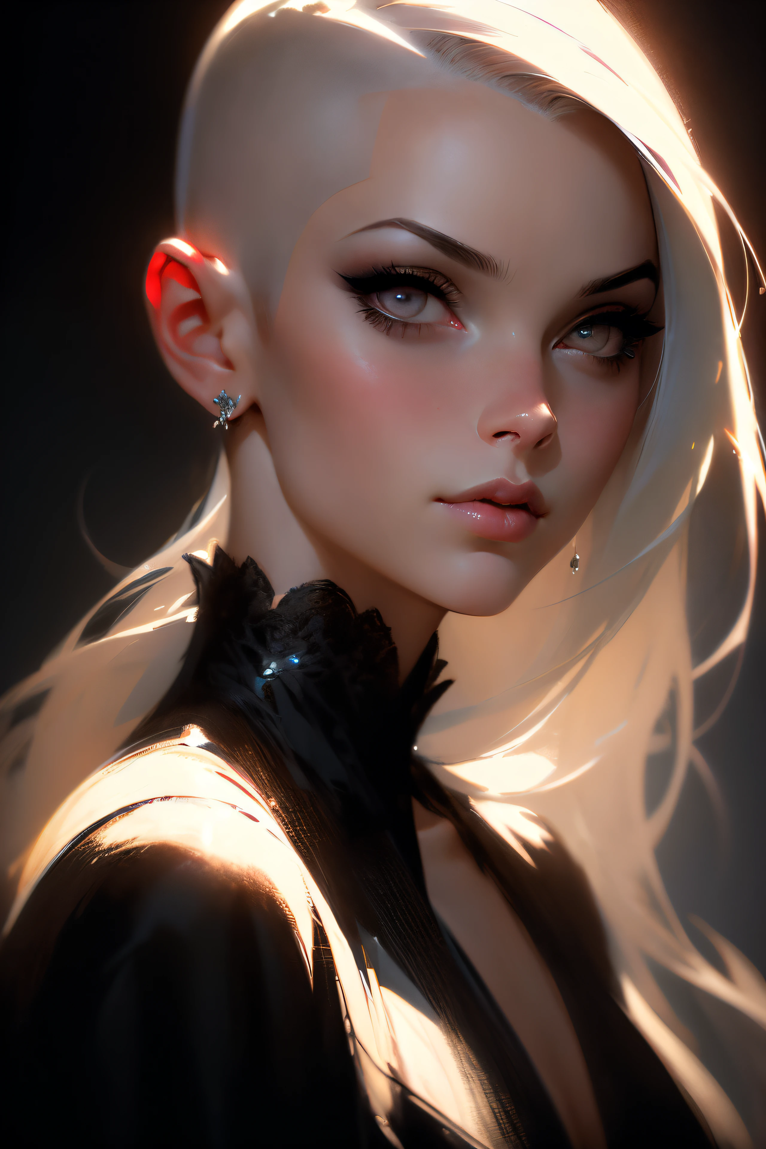 A woman with shaved hair and a black blouse looks at the camera, pintura de personagem bonita, retrato da arte do personagem, 🤤 retrato da menina, arte do personagem charlie bowater, Epic portrait illustration, retrato detalhado do caractere, Neoartcore e Charlie Bowater, retrato de alta qualidade, retrato de arte conceito de fantasia, retrato de fantasia fosco detalhado, Charlie Bowater Estilo de Arte, retrato bonito detalhado, retrato da arte da fantasia