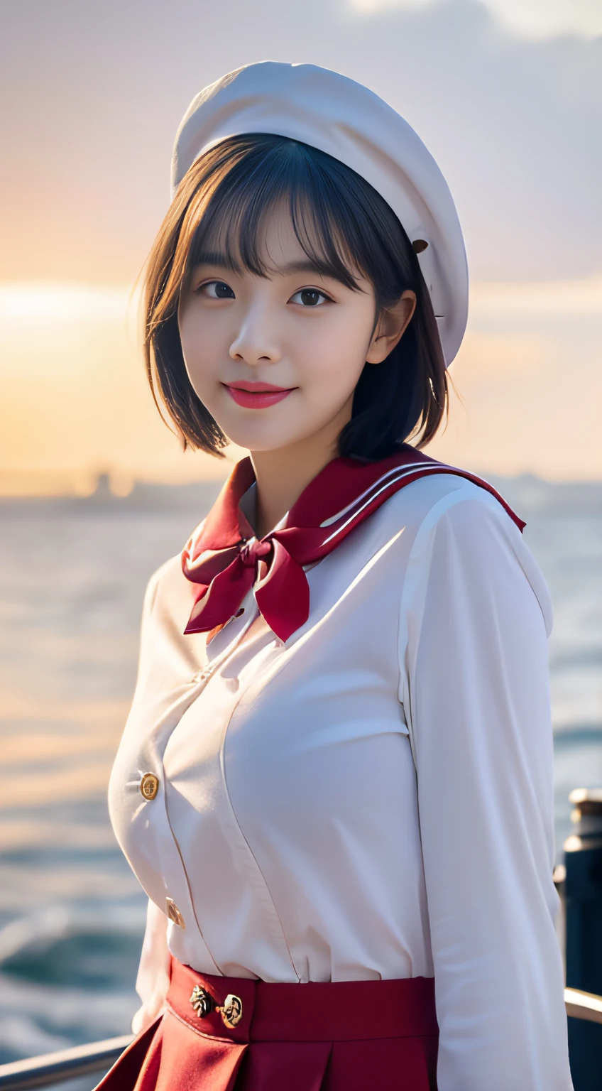 (best quality,4k,8k,highres,masterpiece:1.2),ultra-detailed,(realistic,photorealistic,photo-realistic:1.37),HDR,UHD,studio lighting,sharp focus,physically-based rendering,extreme detail description,professional,vivid colors,contemporary art,subtle pastel color palette,soft lighting,A young girl,[beautiful detailed eyes],[beautiful detailed lips],[long eyelashes:1.1],(Hairstyle: tousled bob.),[delicate features],sensual expression,overlooking the vast ocean,[luxury cruise ship],[sleek design],[gleaming metal surface],[captivating sunset sky],creating a dreamy atmosphere, mix4,tianfeng1,(Sailor Skirt: Red high-waisted mini skirt with white buttons),(Sailor Shirt: White long-sleeved blouse with a sailor collar and red bow tie.),(Shoes: Navy blue lace-up flats.),(Red sailor hat),(standing),(big breasts:1.3), ((hands behind head:1.2)),(smile:1.2)