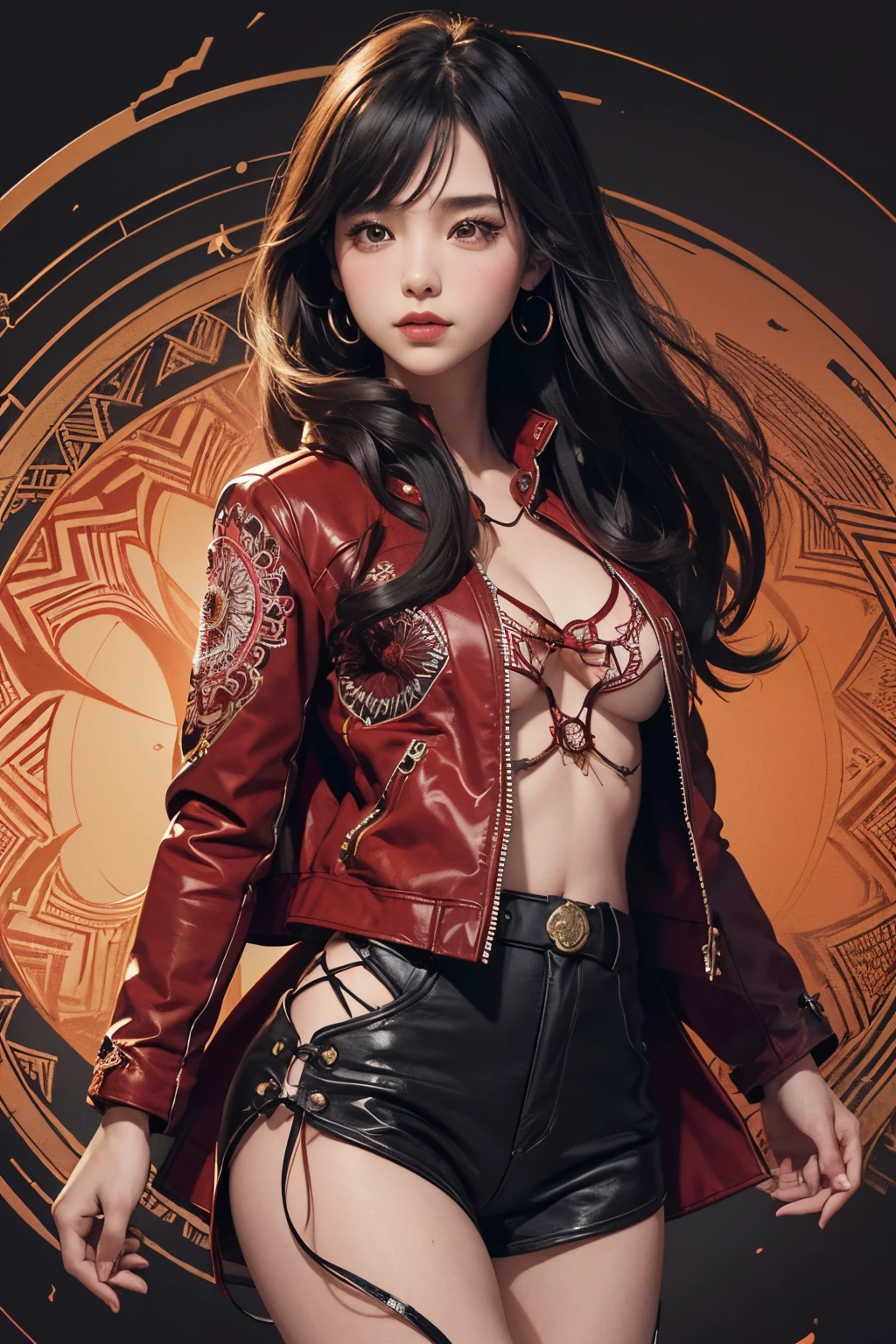 1girl, solo,red cowboy shooting, (jacket set), from the top, (zentangle, mandala, tangle, winding), (vine: 1.2) official art, unified 8k wallpaper, super details, aesthetics, masterpiece, best quality, realistic,black hair, black eyes, red clothes