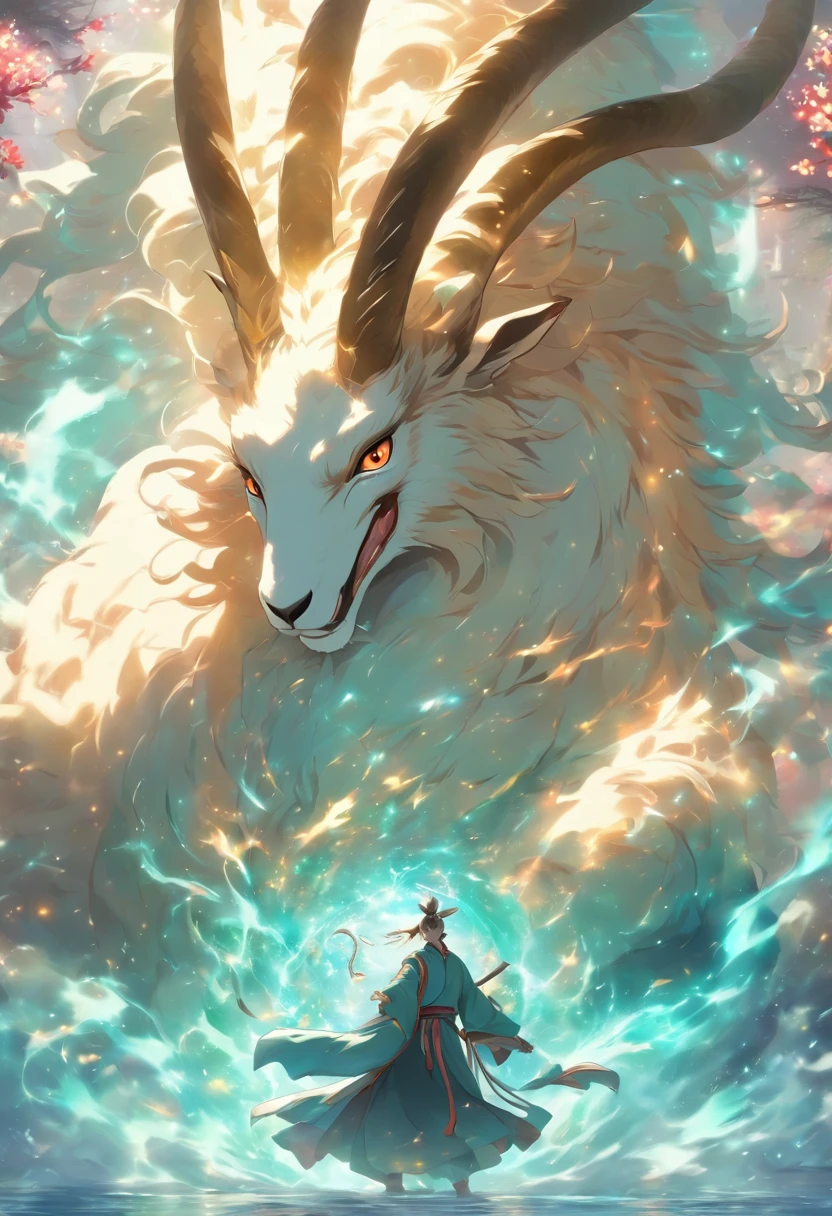 (tmasterpiece), (Best quality at best), Cinematic quality,Rendered by Octane,Ultra-detailed details,1 boy,Cool action,Wearing ancient Chinese Hanfu,(Ancient Chinese Formation:1.2),Energy surrounds,voldemort,light particle fluid,Fairy air fluttering,Luminous magic circle,Summon ancient beasts,huge antelope,