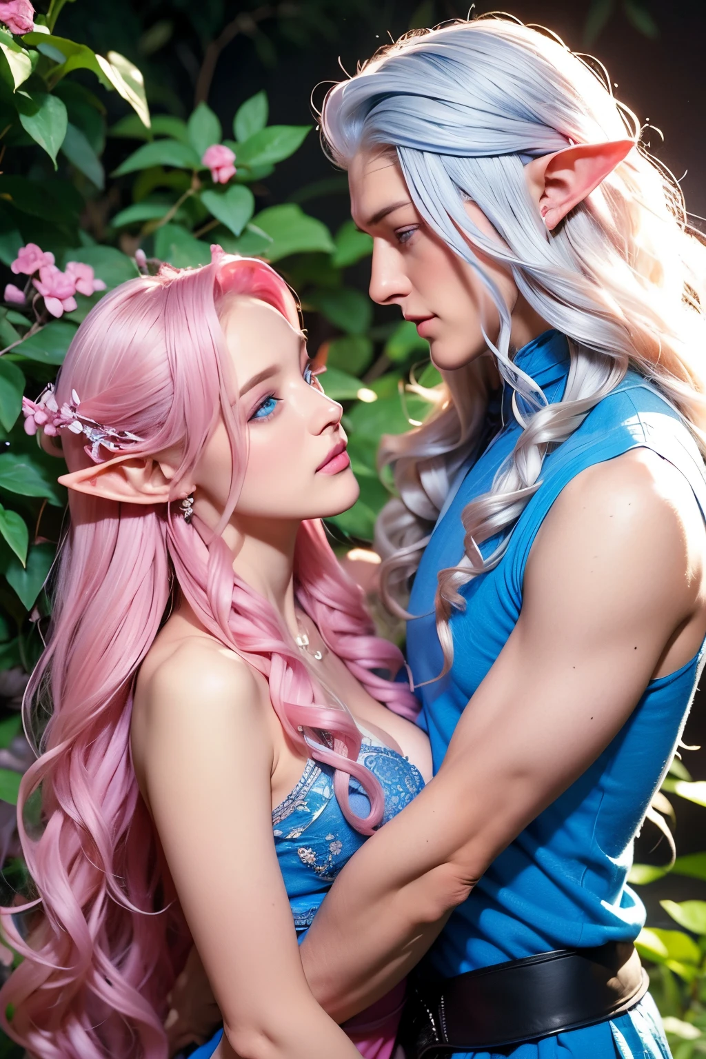 An elf woman with long, curly hair dyed pink stands out with her bright blue eyes. She is next to a young male elf, boy, who has long, white hair, accompanied by blue eyes. The man is affectionately holding the woman's waist.