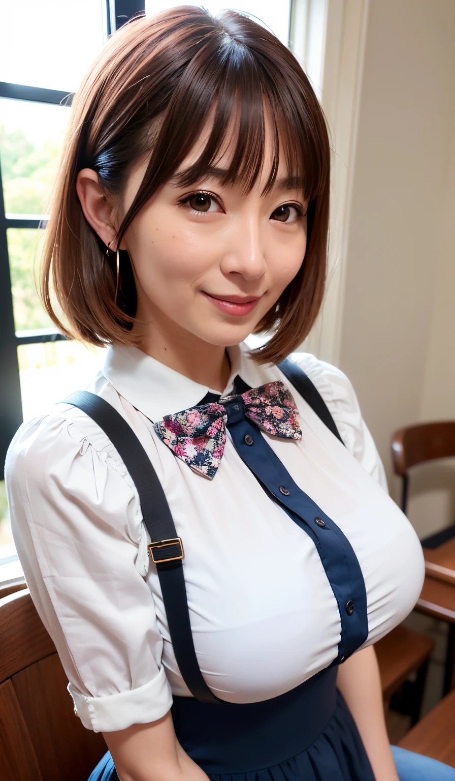(8k, RAW photo, best quality, masterpiece:1.2), (realistic, photo-realistic:1.37), ultra-detailed,
1 girl,cute, solo,beautiful detailed sky,detailed cafe,night,sitting,dating,(nose blush),(smile:1.1),(closed mouth),large breasts, seductive smile, large aparture, professional lighting, Sony A7R4, Zessie 50mm F1.8,
medium breasts,beautiful detailed eyes,(collared shirt:1.1), bowtie,pleated skirt,(short hair:1.2),floating hair