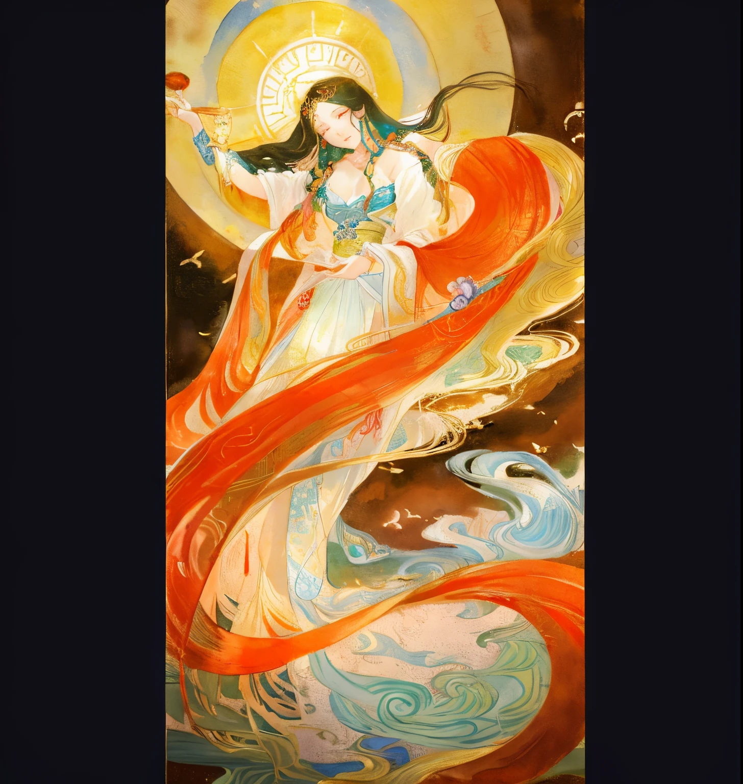 women painting,Botticelli and Victor I, Inspired by Jean Delville, Inspired by Rebecca Gay, Inspired by Carlos Schwabe, guanyin of the southern seas, Six-winged angel, Watanabe, Beautiful depiction, author:Kamal ud-din Bezad,(The woman raises her right hand above her head,Holding a glowing stone in han and watercolor painting、Traditional chinese painting、Meticulous、Traditional chinese painting、Oil brush strokes、
Qi Baishi,Wu Guanzhong,Zhang Kechun Yang Zhiguang,Jiang Zhaohe,Liu Guohui,Liu Jiyou Zhang Daqian,Qiu Ying)