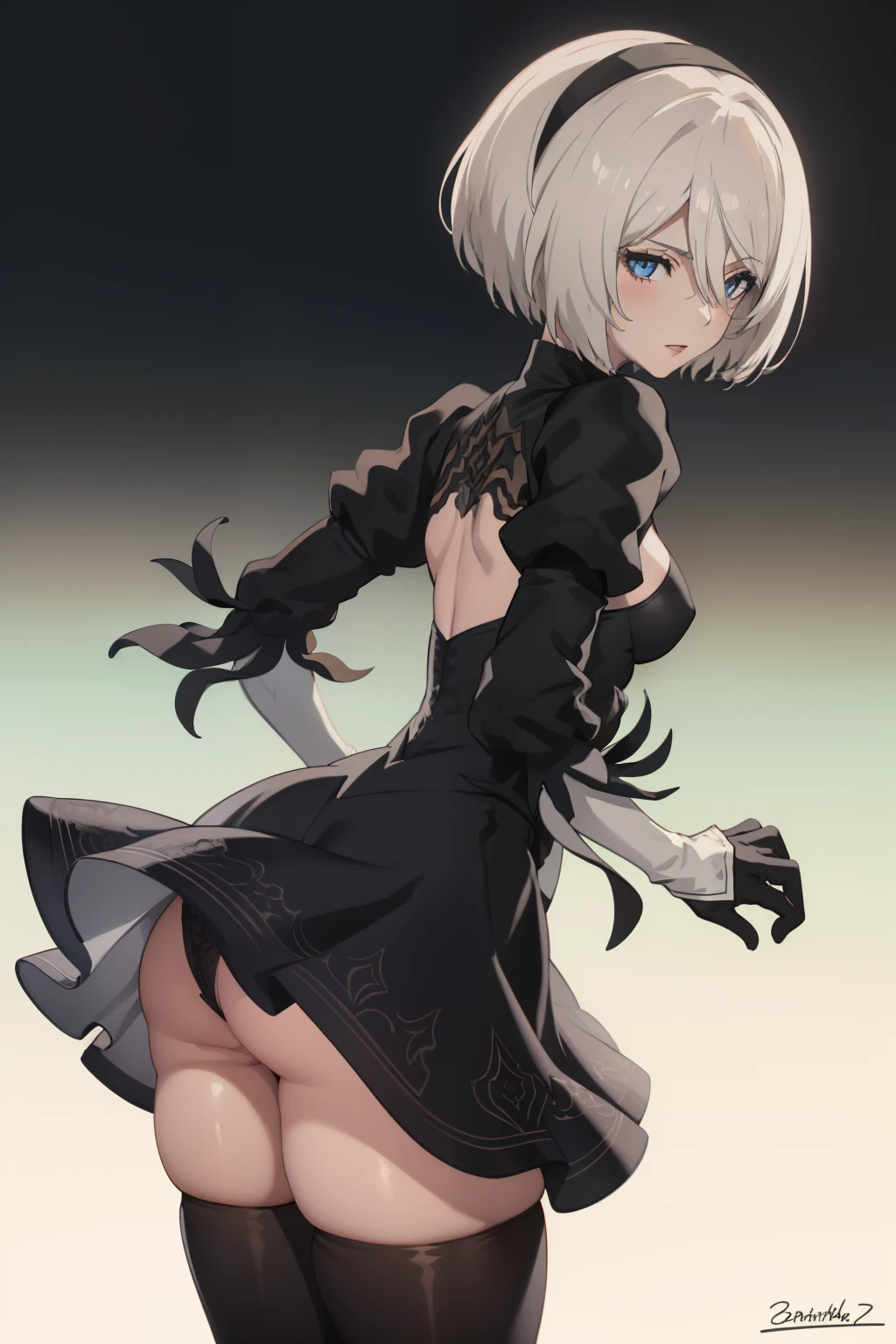 1girl, looking back, dress, yorha no. 2 type b, short white hair, blue eyes
pantylines,, masterpiece, best quality, highly detailed