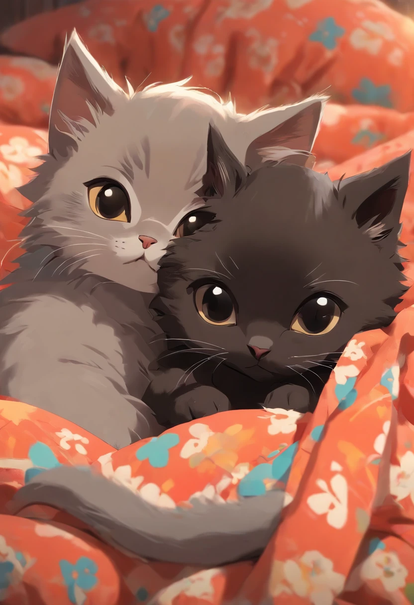 two cute vectors of a gray kitten and a black kitten curled together on a some bed pillows, anime style, M Jenni style, digital illustration, approaching perfection, highly detailed, smooth, sharp focus, illustration, 4k resolution