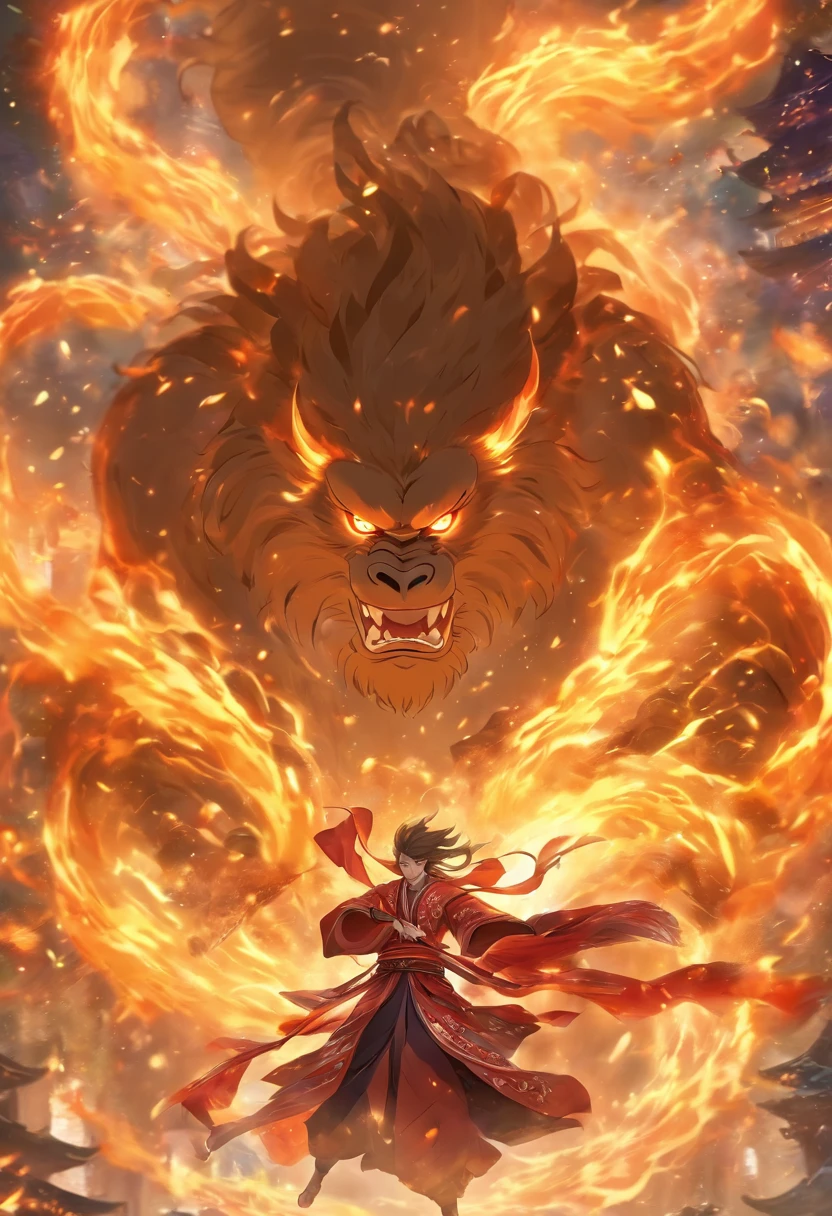 (tmasterpiece), (Best quality at best), Cinematic quality,Rendered by Octane,Ultra-detailed details,1 boy,Cool action,Wearing ancient Chinese Hanfu,(Ancient Chinese Formation:1.2),Energy surrounds,voldemort,light particle fluid,Fairy air fluttering,Luminous magic circle,Summon ancient beasts,Great ape,