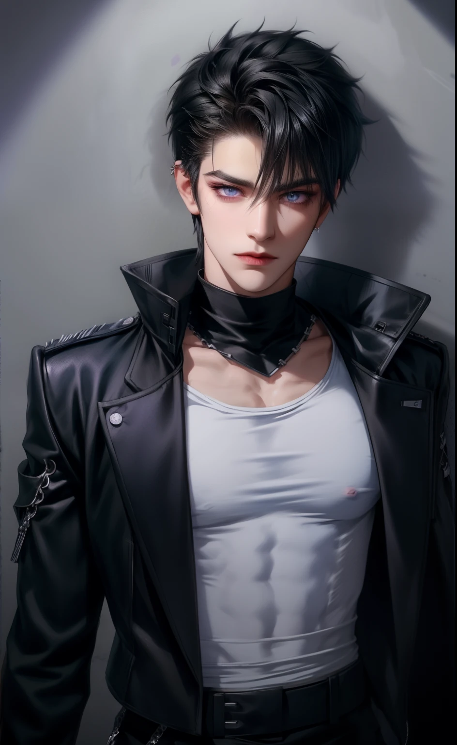 *he have white loose shirt, long black fingerless gloves, black combat pants, piercing in eyebrow, nose and ears. Have wolfcut hairstyle black fluffy hair. He is tall and muscular but very skinny. have blue-violet eyes*