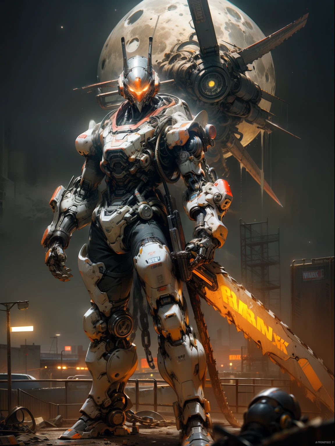 On the moon, barren planet, ruins, holding weapons, no humans, glowing, robot, building, glowing eyes, orange mech, science fiction, city, reality, mecha, galaxy background, full body, neon, cyber Punk, 8K wallpapers, ultra-detailed artwork, cinematic lighting, realistic photos, Dark_Fantasy, Cyberpunk, (chain saw, chain saw man, Red: 1.1), 1man, Mechanical marvel, Robotic presence, Cybernetic guardian, wearing a worn-out machine armor suit, intricate, (steel metal [rust]), elegant, sharp focus, photographed by greg rutkowski, soft lighting, vibrant colors, masterpiece, ((street)), cowboy shot, dynamic pose,