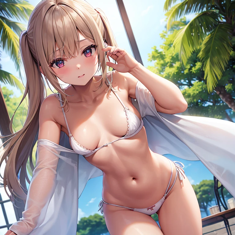 obra maestra, absurdos , (Detalles intrincados), (De color),cinematography lighting, fondo de pantalla CG unity 8k extremadamente detallado, 1girl, 18 years old, solamente, rubia, cleric suit (color blanco), cuerpo completo, expresiones faciales, small breasts, hembra madura, ventana, luz del sol, cuerpo completo, cuerpo adulto, Enfoque cuerpo completo, pink female underwear, sexypose, Antecedentes de la iglesia, detailed background - best resolution,