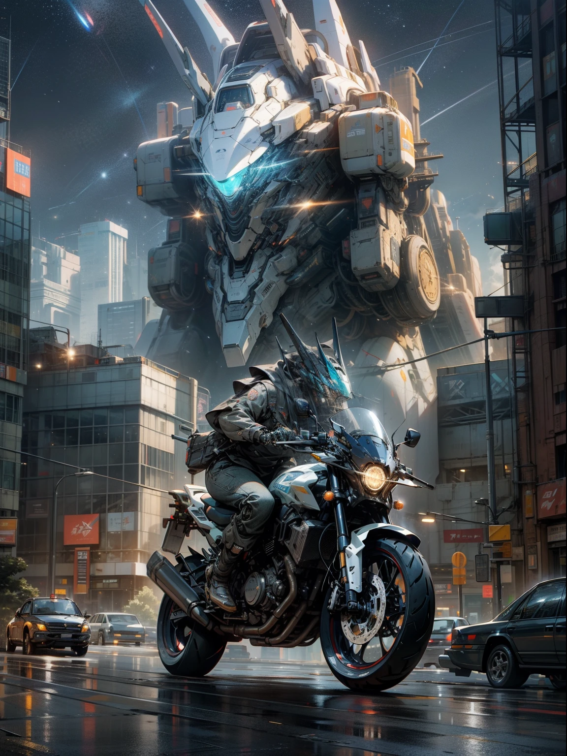 (Surreal sci-fi city,Huge futuristic mechanical building with magnificent complex,The starry sky spreads overhead,Mechs roam the city,roam freely)。motorcycle