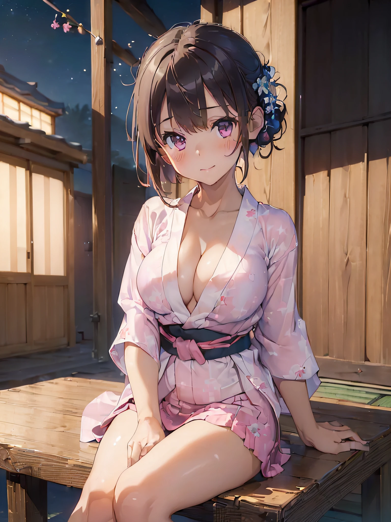 (​masterpiece:2.0), (top-quality:2.0), (sitting naked:1.5), (extremely mini skirt extremely small pink yukata:1.5), (super thin fabric:1.5), (sexypose:1.5), (blushed face:1.3), (barechested:1.3), (realistic:1.5), 1 little girl, precise hands, Embarrassed look, light smile, Look at me and smile, extremely cute girl, innocent face, young face, Clear eyes, Shining eyes, small breast, (cleavage of the breast is visible:1.5), (the thighs is visible:1.5), The crotch is visible, No pubic hair, full body, The beautiful skin, ultra-definition, Top resolution, japan high school student, brown hair, at the night festival