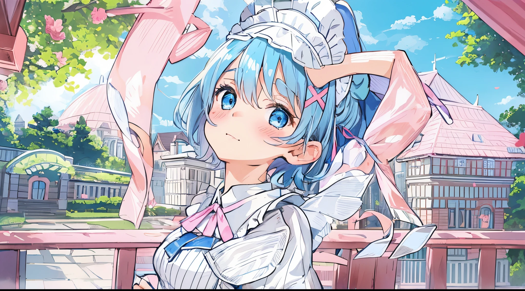 1girl, solo, breasts, looking at viewer, blush, short hair, blue eyes, hair ornament, dress, ribbon, medium breasts, blue hair, hair ribbon, outdoors, detached sleeves, sky, day, hair over one eye, apron, blue sky, maid, maid headdress, x hair ornament, pink ribbon, roswaal mansion maid uniform