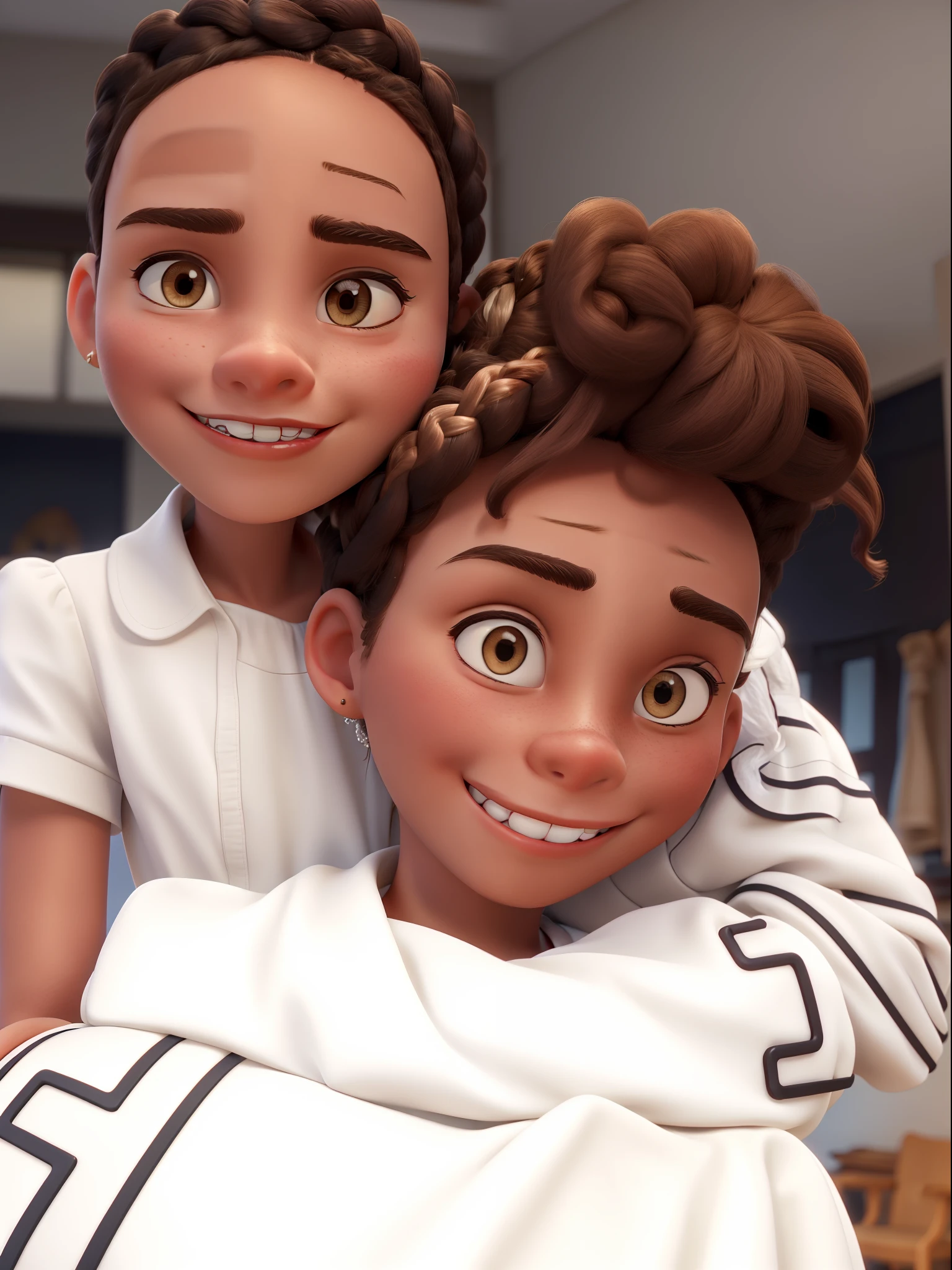 (best quality), girl with braces wearing a white dress, brown curled braids and boyfriend hugging her from behind with white jersey