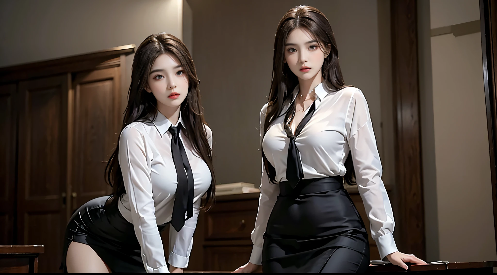 realisticlying, A high resolution, 1 girl, hip-up, pretty eyes, brunette color hair, long whitr hair, eye socket, collared shir, black necktie,Black dress, pencil skirts,long leges
