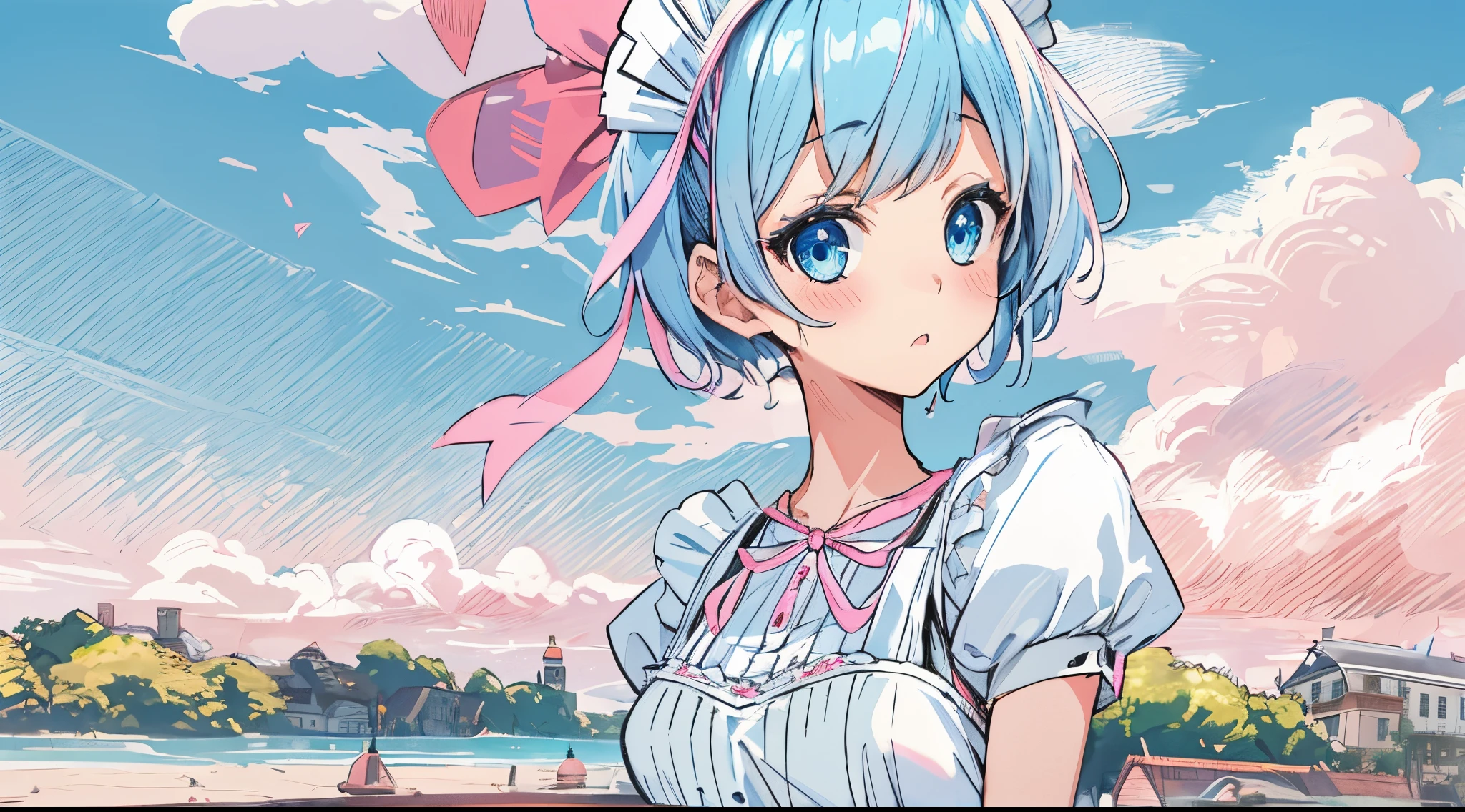 1girl, solo, breasts, looking at viewer, blush, short hair, blue eyes, hair ornament, dress, ribbon, medium breasts, blue hair, hair ribbon, outdoors, detached sleeves, sky, day, hair over one eye, apron, blue sky, maid, maid headdress, x hair ornament, pink ribbon, roswaal mansion maid uniform