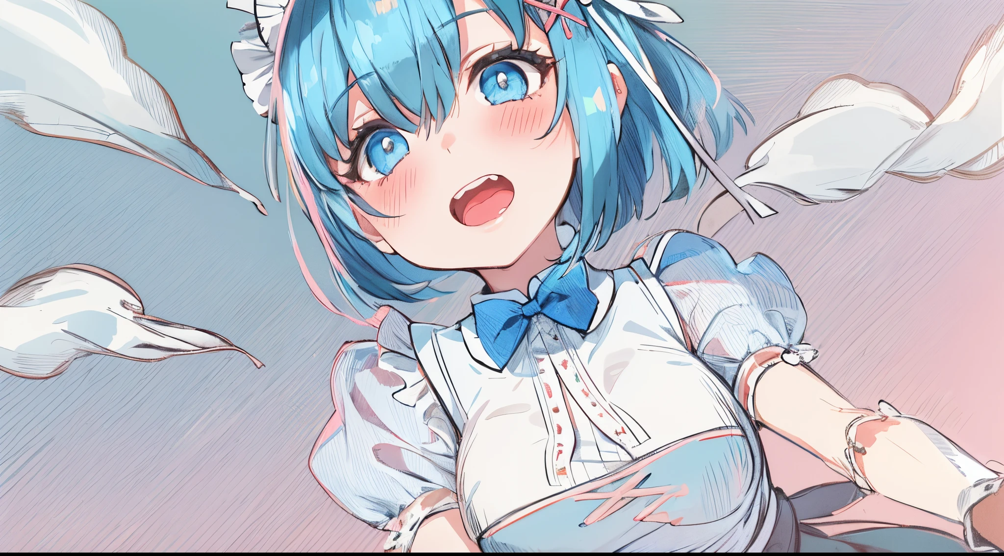 1girl, solo, breasts, looking at viewer, blush, short hair, blue eyes, hair ornament, dress, ribbon, medium breasts, blue hair, hair ribbon, outdoors, detached sleeves, sky, day, hair over one eye, apron, blue sky, maid, maid headdress, x hair ornament, pink ribbon, roswaal mansion maid uniform
