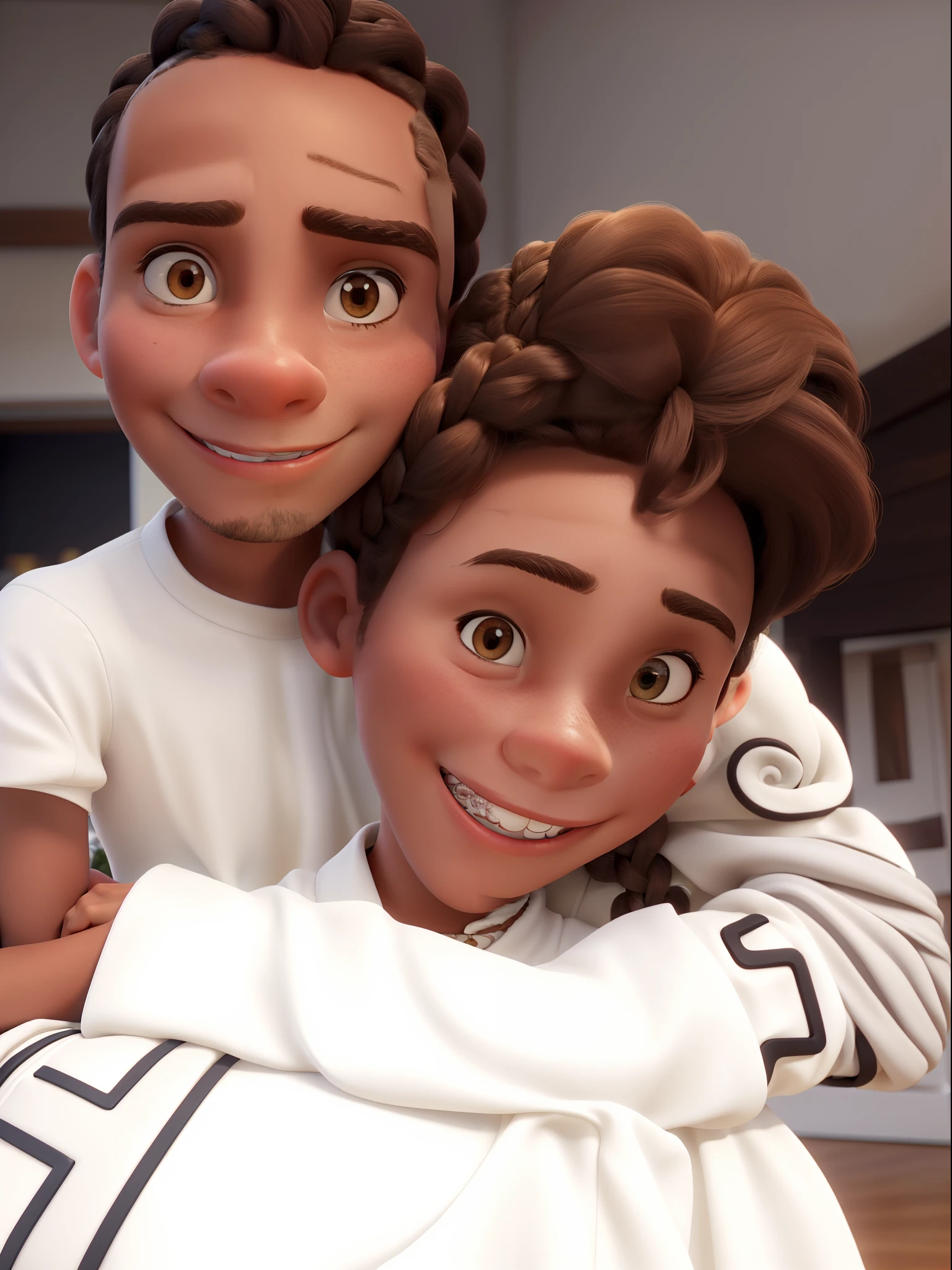 (best quality), girl with braces wearing a white dress, brown curled braids and boyfriend hugging her from behind with white jersey