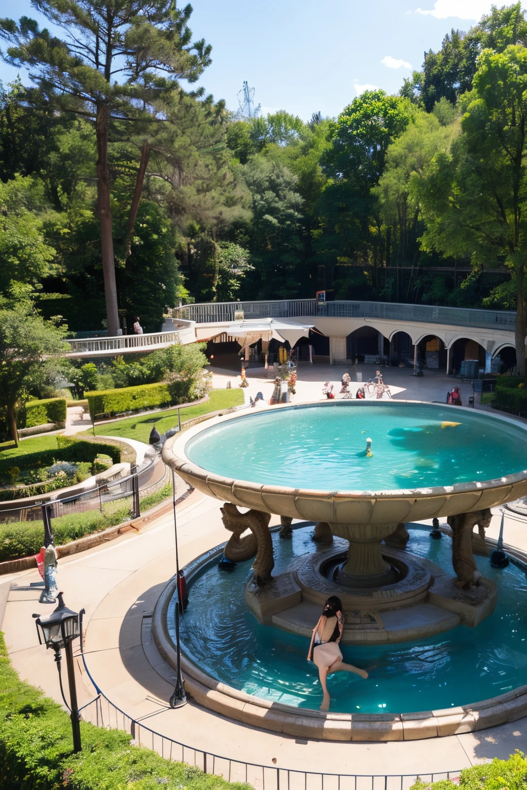 An all-blue cover with two characters sitting on the edge of a fountain 