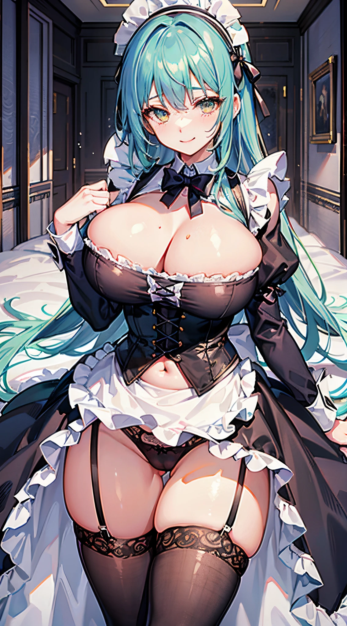 A very sexy girl,pubic hair very large,Colossal tits,super big huge tits,huge boob,a plump buttocks,perfect body figure,Long azure hair,gold eyes,maid cap,high detal,high high quality,black corset,the maid outfit,Maid skirt,showing waist,exposing her breasts,Black lace panties,Below are white leggings,ssmile,Oversized