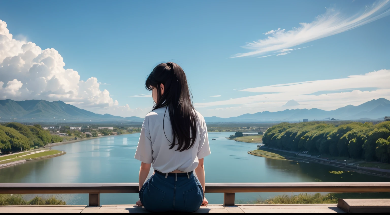 high-definition picture。big sky、Distant view、Faraway view、wide-angle lens。Modern Japan、The whole body of the woman is visible、A woman sitting on a bench and looking into the distance、Facing this way。near a river、a park、Carefree atmosphere。Semi-long black hair。Calm time、Pleasant weather。Roads along the embankment。
