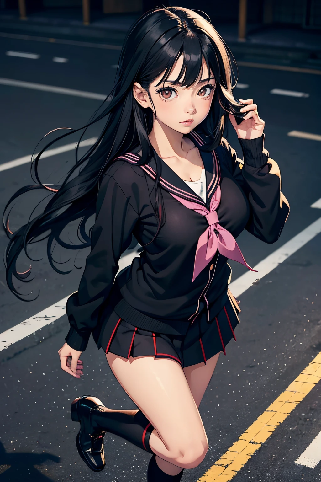 1girl, adorable face, long hair, japanese school, art by hirohiko araki, (black sailor japanese school uniform), (large_breasts), loli, (GOTH), black cardigan, ankle warmers, black boots, youthful, jojo's bizarre adventure, black hair, brown eyes, dynamic, detailed features, solo ((HIGHEST QUALITY)), ((perfect composition))