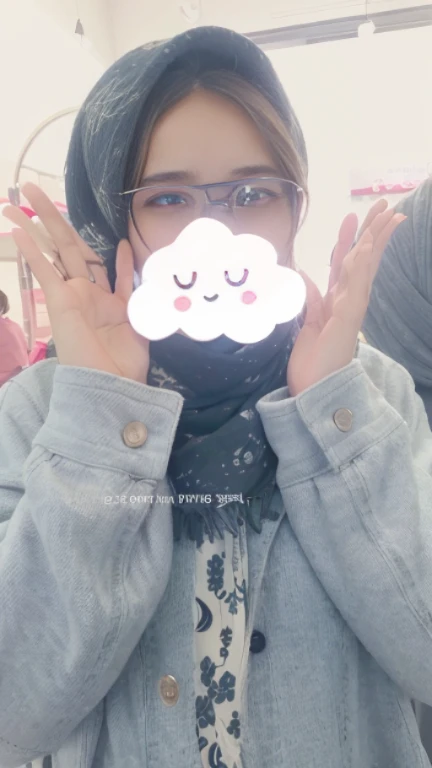 there is a woman wearing a scarf and a hat covering her face, โ๐ช๐๐ฉ๐พ, cloudy day, ulzzang, cloudy eyes, cloudy weather, ๐๐๐โบ๐๐๐, with overhead cloudy!!!!! skies, cloudy, ( shy smiling face ), she has a cute face, puffy cute clouds, happy clouds behind, girl clouds
